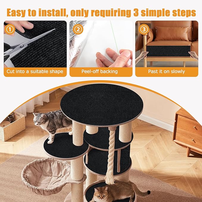 Cat Scratching mat Self-Adhesive, Trimmable Furniture Protector for Couch, Sofa, Wall & Cat Trees - Durable Scratch Pad with Nano Tape, DIY Climbing Carpet for Indoor Cats (Black, 78.7"x15.8")