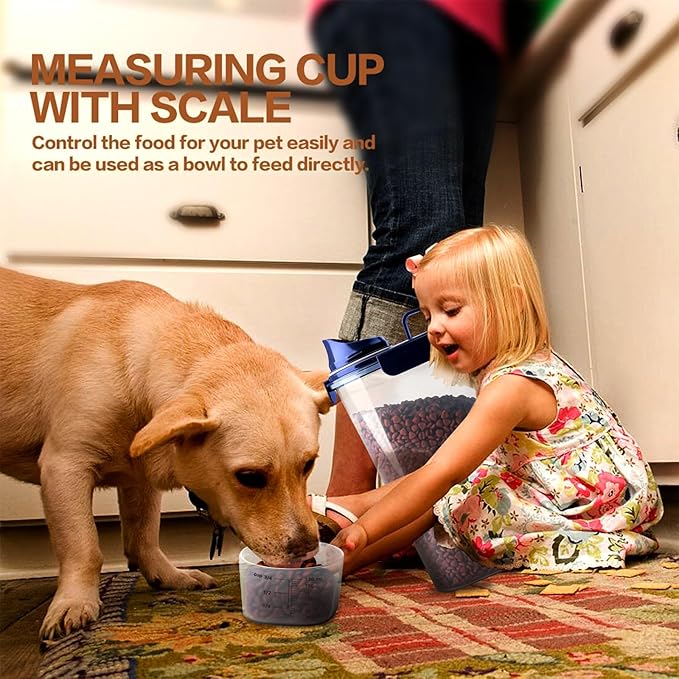 Dog Food Storage Container, 5-7 Lbs Airtight Pet Food Container, Cat food Container Dispenser with Portable Handle, Pouring Spout and a Collapsible bowl for Dogs Cats Navy Blue/6Qt