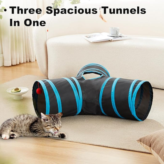 Love's cabin Cat Tunnel Tube Toys 3 Way Collapsible, Cat Tunnels for Indoor Cats,Kitten Tunnel Bored Pet Play Tunnel with Peek Hole Toy Ball for Kitty, Kitten, Rabbit, Puppy Blue