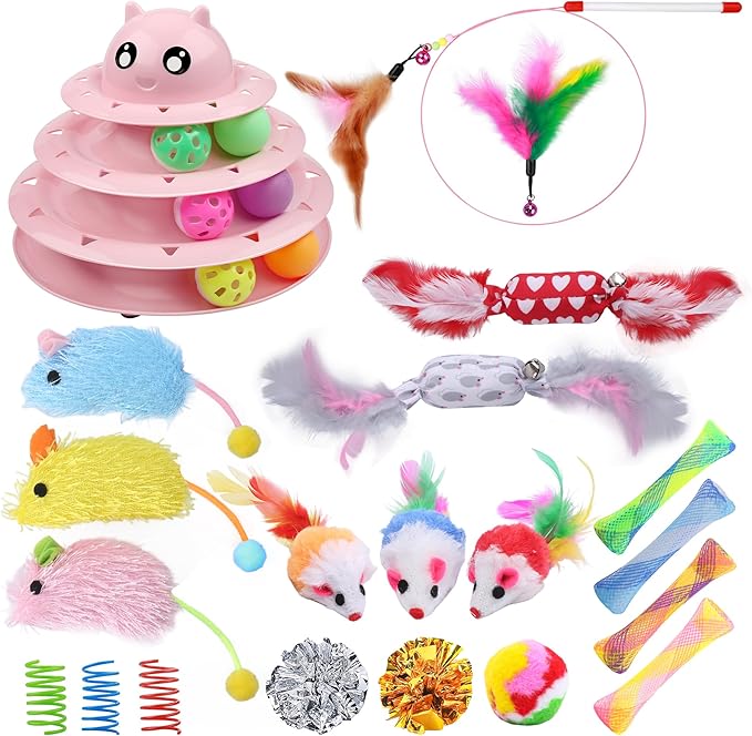 UPSKY 3-Level Turntable Kitten Toys Set - 24 PCS Interactive Cat Roller for Indoor Cats, Catnip, Teaser, Mice, Spring, and Various Ball Toys for Kitty