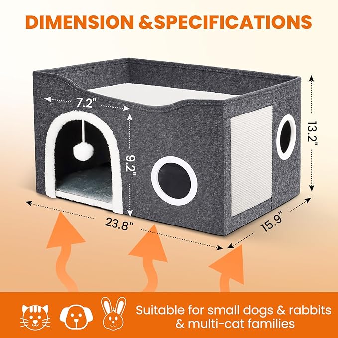 Indoor Heated Cat House, Adjustable Temperature Cat Heating Bed with Timer and Chew Resistant Cord, Large Cat House with Heating Pad for Small Medium and Large Cats