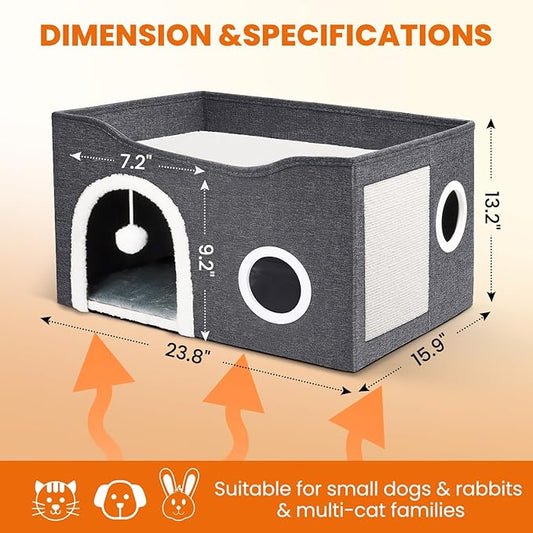 Indoor Heated Cat House, Adjustable Temperature Cat Heating Bed with Timer and Chew Resistant Cord, Large Cat House with Heating Pad for Small Medium and Large Cats
