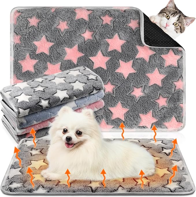4 Pack Self Heating Cat Bed Cat Self Warming Pad with Removable Cover Extra Warm Thermal Pet Pad Washable Pet Crate Mat Anti Slip Kennel for Indoor Outdoor Pets(Star,20 x 28 Inches)