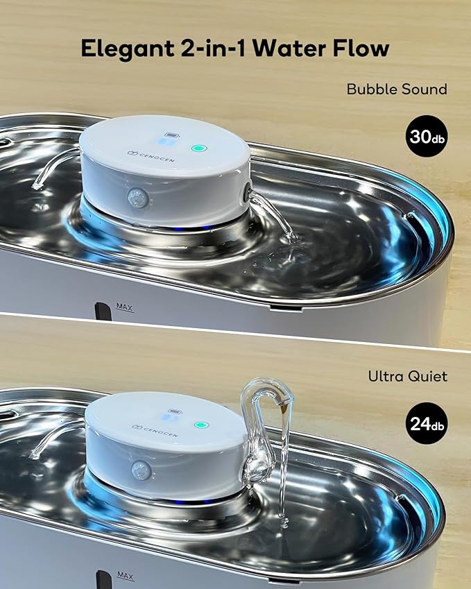 Cat Water Fountain Cordless, 108oz/3.2L Wireless Cat Fountains for Drinking, Pet Water Fountains for Cats Indoor, Automatic Cat Water Dispenser Battery Operated Rechargeable, Stainless Steel White