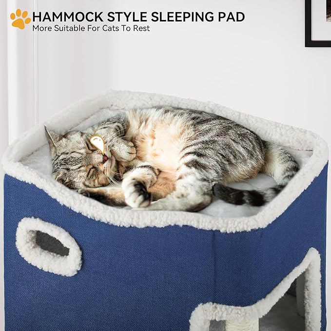 YITAHOME 2 Storey Cat House, Cat Beds for Indoor Cats, Small Cat Condo with Highway Cave, Scratch & Itching Post, Clmibing Stand, Modern Cat Cube Playhouse for Multi Kittens, Blue