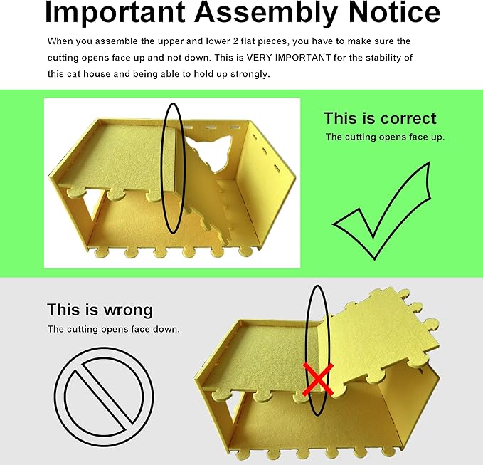 Cat House Cat Ear Design, Large Spacious Cozy Indoor Cat Bed Cave, Scratch Resistant Strong Thick Premium Felt Condo, Fun Hideaway for Multiple Cats, 21.5x13x11.6 inches (Bright Yellow)