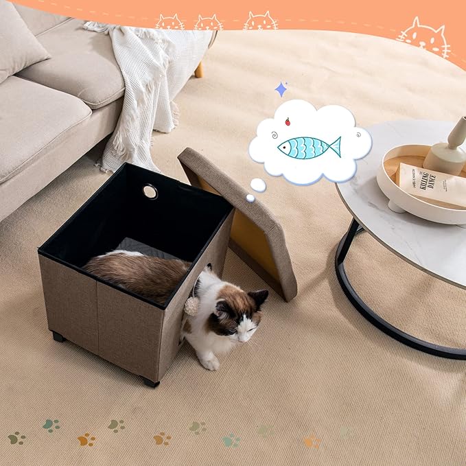 BRIAN & DANY Foldable Cat House for Indoor Cats, Large Cat Cube for Pet Cave with Scratch Board & Ball, 14.7" x 14.1” x 12.7”, Brown