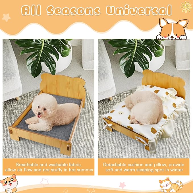 Elevated Cat Bed for Indoor Cats: Natural Wooden Cat Hammock Bed with Raised Legs Washable Mattress Pillow for Small Dogs Rabbit Bunny and Small Animals Holding 40 Lbs