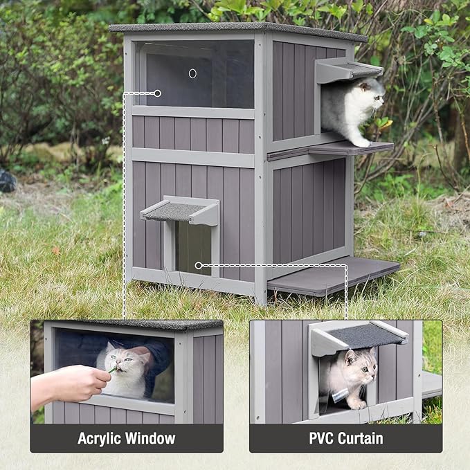 Outdoor Cat House Weatherproof, 2-Storys Feral Cat House with 2 Escape Doors and Window, Stray Cat Shelter with 2 Large Side Doors and Removable Floor