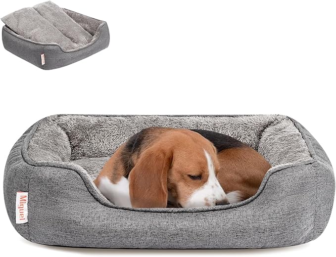 Miguel Faux Linen Dog Bed with Removable Cushion Pillow for Medium Small Dogs, Washable Pet Bed with Side Easy to Wash Puppy Bed, Rectangle Cat Bed for Indoor Cat with Anti-Slip Bottom, Gray 30 Inch