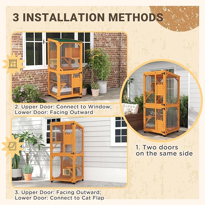 PawHut Wooden Catio with Waterproof Roof, Large Cat House with High-Up Resting Box, Indoor & Outdoor Cat Enclosure with Wheels, for 3-6 Cats, Orange