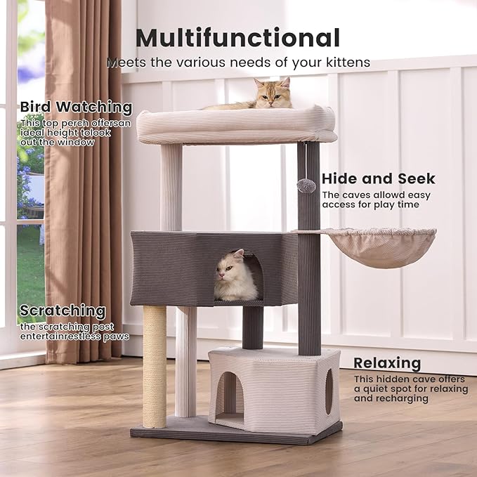 Gardner Pet 41" Tall Cat Tree Corduroy for Medium-Large Cats, Heavy Duty Cat Tower with 2.8in Posts & Washable Top Perches, Space-Saving Cat Furniture for Apartments, Easy to Assembly