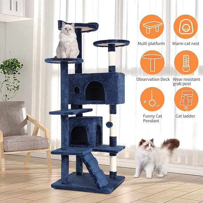 BestPet | 54" Cat Tree Tower | Navy Blue | Sturdy, Easy to Assemble, Multi-Level Activity Center with Sisal Scratching Posts, Condos, Perches, Hanging Cat Toys, Observation Decks & Ladder