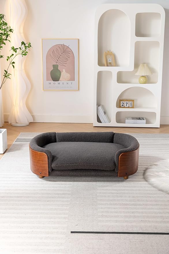 HomSof 38.58" Scandinavian Style Elevated Dog Cat Bed Pet Sofa with Solid Wood Legs and Bent Wood Back with Velvet Cushion,Large Size,Grey+Brown