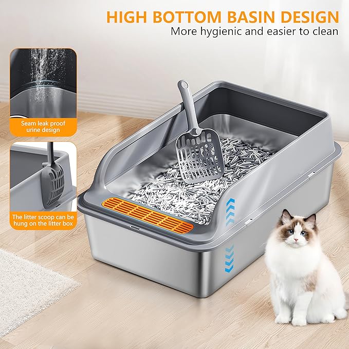 Stainless Steel Cat Litter Box for Multi-Cat Homes - High-Sided Anti-Leak Design,Large Cat Toilet, Non-Stick Surface, Odorless & Easy Clean, Durable with Litter Mat & Scoop