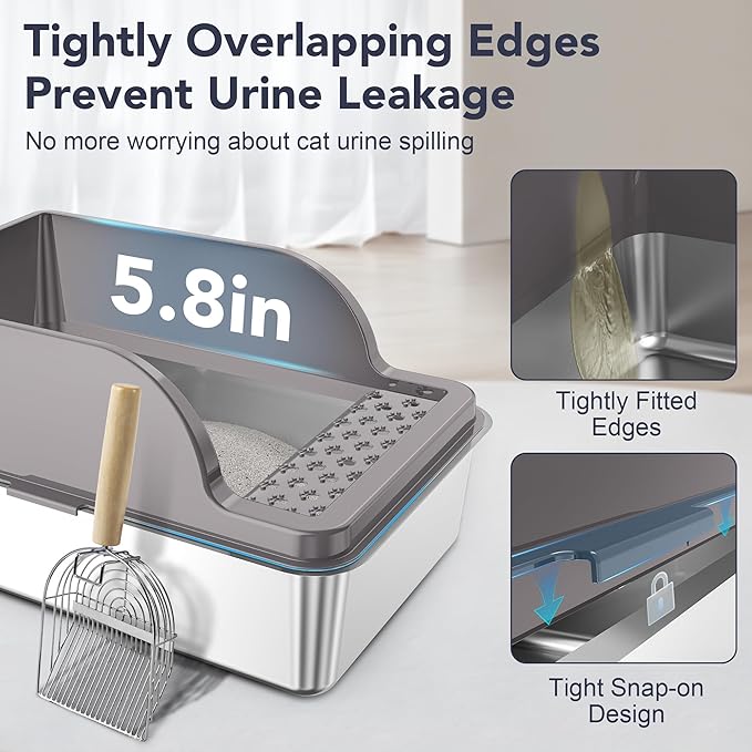 UPSKY Stainless Steel Cat Litter Box with Lid, XL Large Metal Litter Box for Large Breeds, Enclosed Kitty Litter Pan with High Sides, Leak-Proof & Non-Stick, Easy to Clean, Scoop and Mat Included