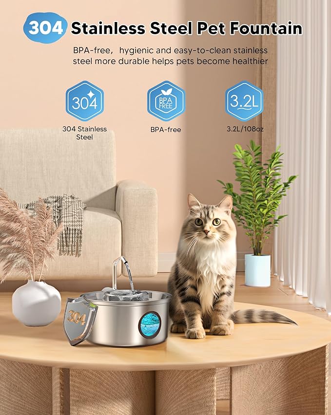 Dog Water Fountain Stainless Steel - 3.2L/108oz Dog Fountain and Removeable Suction Dog Bowls, Kitty Fountain with Multi-Filter, Water Level Window, Pet Fountain for Cats and Dogs