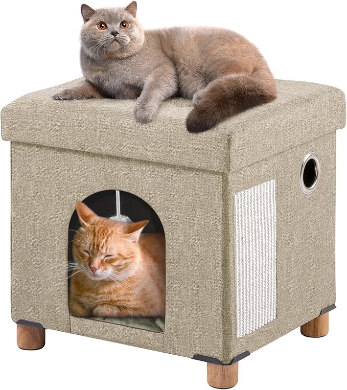 BRIAN & DANY Foldable Cat House for Indoor Cats, Large Cat Cube for Pet Cave with Scratch Board & Ball, 14.7" x 14.1” x 12.7”, Light Khaki