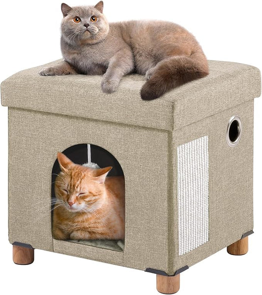 BRIAN & DANY Foldable Cat House for Indoor Cats, Large Cat Cube for Pet Cave with Scratch Board & Ball, 14.7" x 14.1” x 12.7”, Light Khaki