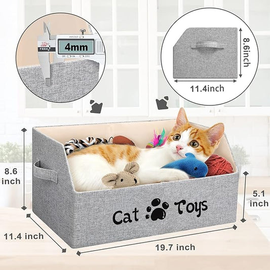 2X Thicker Large Cat Toy Bin Collapsible Cat Toy Box Sturdy Cat Toy Basket Kitten Toy Storage Bed for Organizing Cat Toys Treats Clothes and Accessories (Grey)