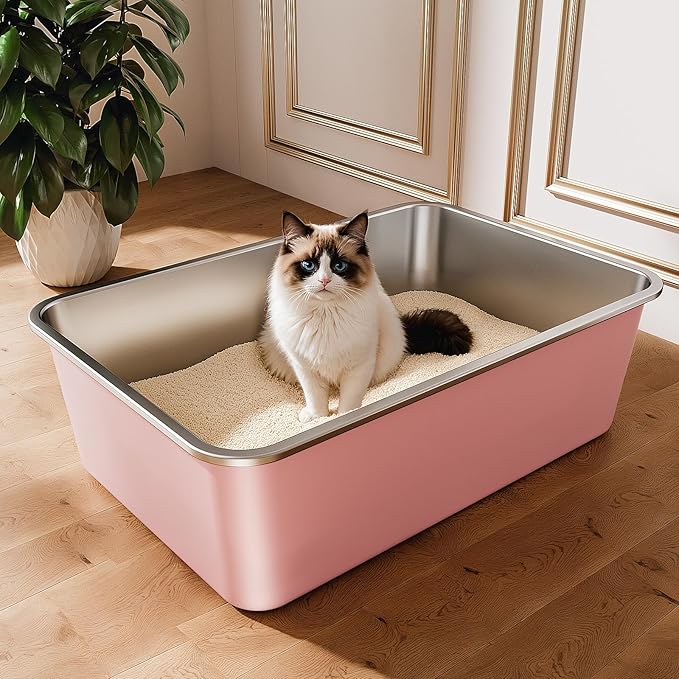 Stainless Steel Litter Box, Large Metal Cat Litter Box with High Sided for Big and Small Cats, Non-Stick, Easy to Clean, Odor-Free, 23.4" L×15.6" W×7.8" H, Blush Pink