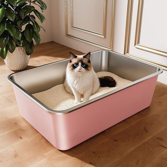 Stainless Steel Litter Box, Large Metal Cat Litter Box with High Sided for Big and Small Cats, Non-Stick, Easy to Clean, Odor-Free, 23.4" L×15.6" W×7.8" H, Blush Pink