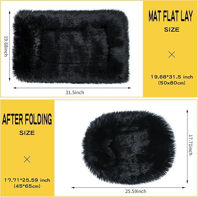 Fluffy Dog Cat Bed Mat 19.6x31.4 inch, Washable Soft Plush Faux Fur Warm Area Puppy Pads Blanket for Indoor Pet Sleep Cushion Black