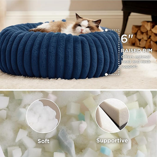 Bedsure Cat beds for Indoor Cats - Donut Dog Beds for Small Dogs with Corduroy Fleece & Anti Slip Bottom, Faux Fur Pet Beds with Washable Removable Cover, Night Blue, 20x20x6 inches