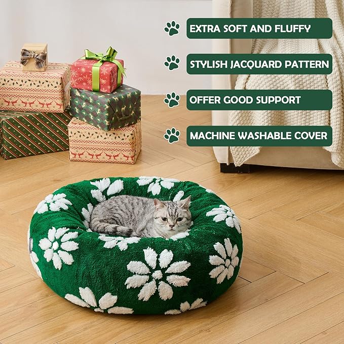 Donut Dog Beds for Small Dogs, Calming Round Cat Beds for Indoor Cats, Cute 3D Textured Flower Pet Bed with Removable Washable Cover and Anti-Slip Bottom(Green,20")