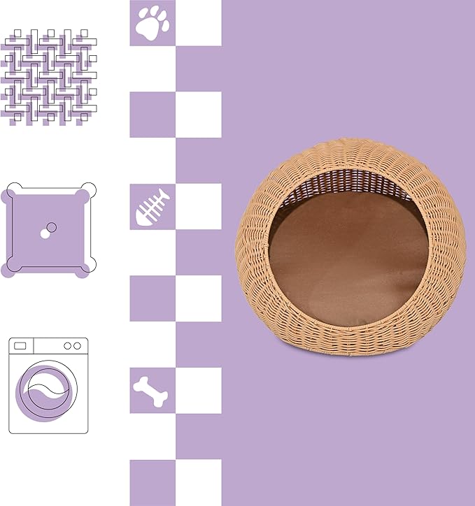 CBD3000A Fiora 19.5" x 18" Modern Circular Faux Wicker Pet Bed with Machine-Washable Cushion, Cat Beds for Indoor Cats, Natural