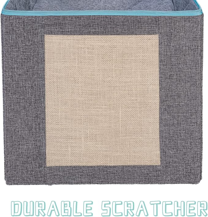 Jongee Cat Cube House Foldable Cat Condo with Reversible Cushion & Scratch Pad for Small Cats, Gray, 13”×13”×15”