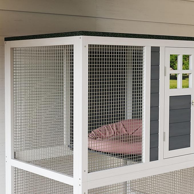 PawHut 74" Wooden Catio Outdoor Cat Enclosure Weatherproof & Wheeled, Outside Cat House with High Weight Capacity, Kitten Cage Condo, White