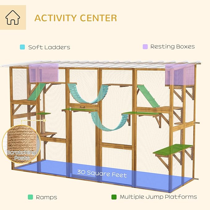 PawHut Catio Outdoor Cat Enclosure Window, Outdoor Cat House with Weather Protection Roof for Multiple Kitties, Wooden Frame, Shelves & Bridges, 118" x 37.5" x 74", Yellow