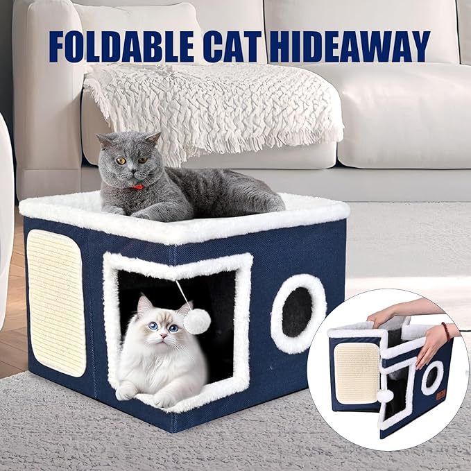 Cat Beds for Indoor Cats, Large Cat Cave Bed with Scratch Pad and Fluffy Ball, Foldable Cat Hideaway, Cat House with Reversible Cushion for Multi Small Pet Up to 30LBS, Blue