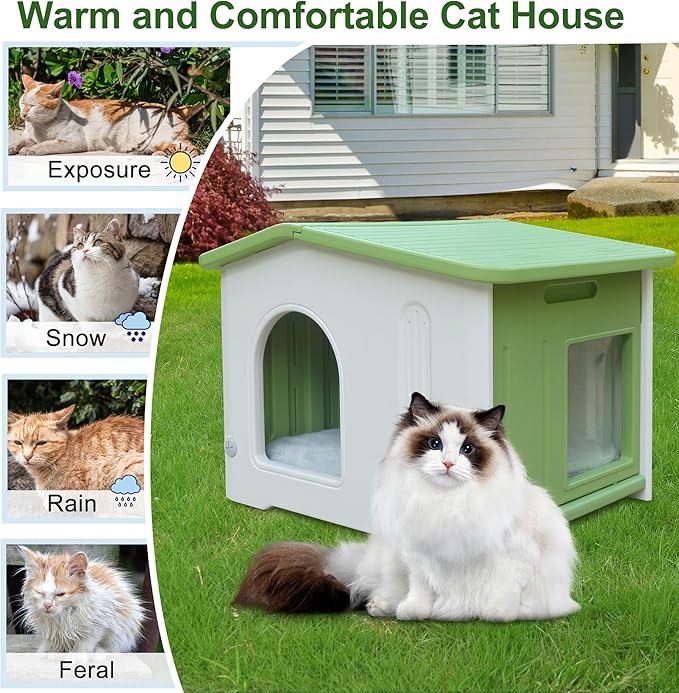Rockever Plastic Outdoor Cat House with Escape Door, Waterproof Cat Shelters for Feral Cats Indoor Cat House with Mat, Sturdy Cat House for Outdoor Cats, Assemble Easily-Green