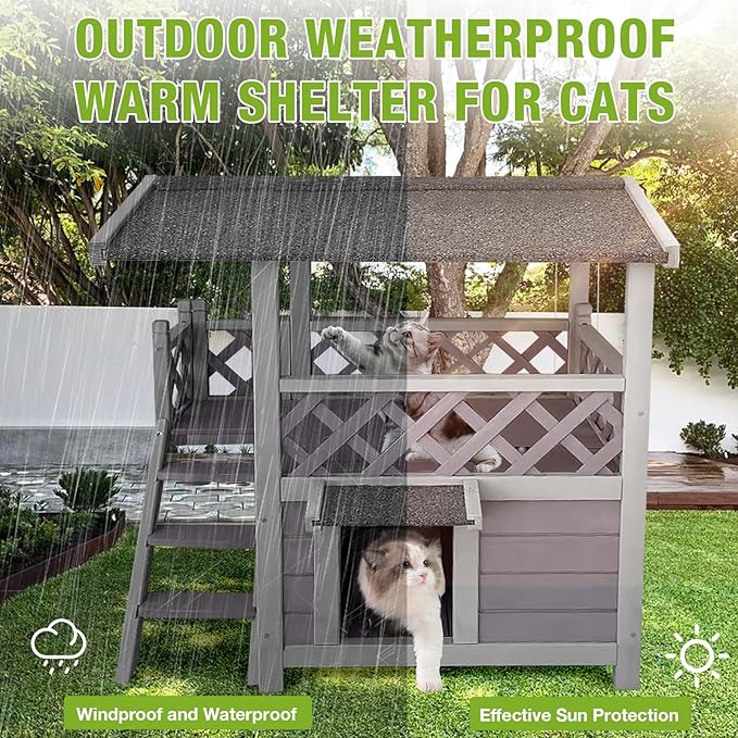 GUTINNEEN Cat House Outdoor Indoor, Weatherproof Outside Feral Cat Shelter,2-Level Wooden Kitten House with Stairs, Waterproof Roof and Balcony