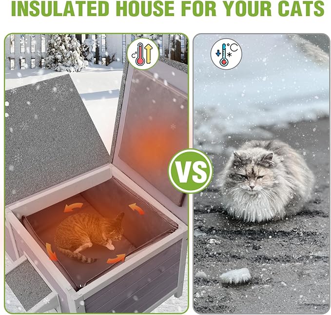 GUTINNEEN Outdoor Cat House Insulated, Weatherproof Feral Cat House Outside, Heated Stray Cat Shelter for Winter, Wooden Kitty House Indoor