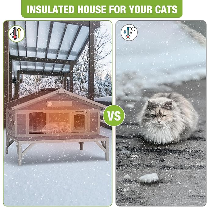 GUTINNEEN Insulated Outdoor Cat House with All-Round Liner, Weatherproof Feral Cat Shelter for Winter with 3 Entry Doors, Indoor Cat Condo for Multiple Cats