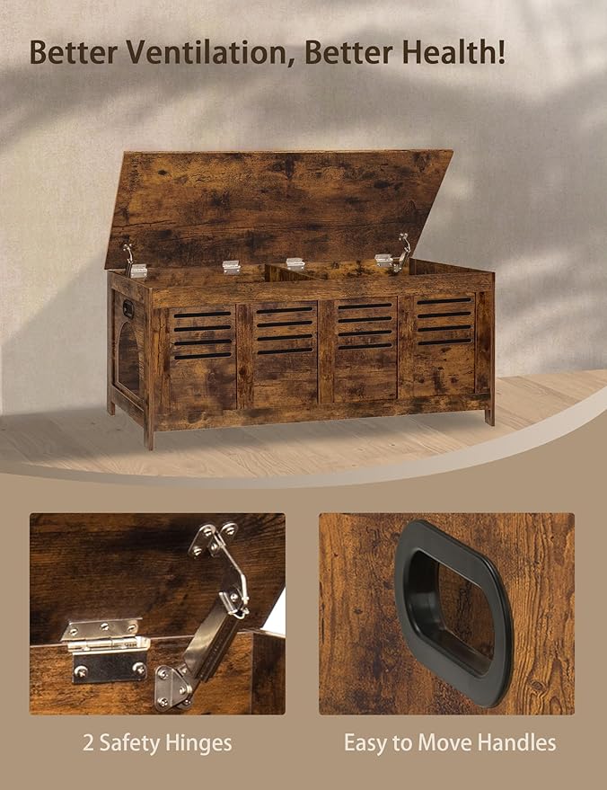DINZI LVJ Litter Box Enclosure Furniture for 2 Cats, Top Opening Hidden Litter Box with Double Rooms, Dual Cat House with Good Ventilation, 47.2" Wooden Cat Washroom, Box Cabinet, Rustic Brown