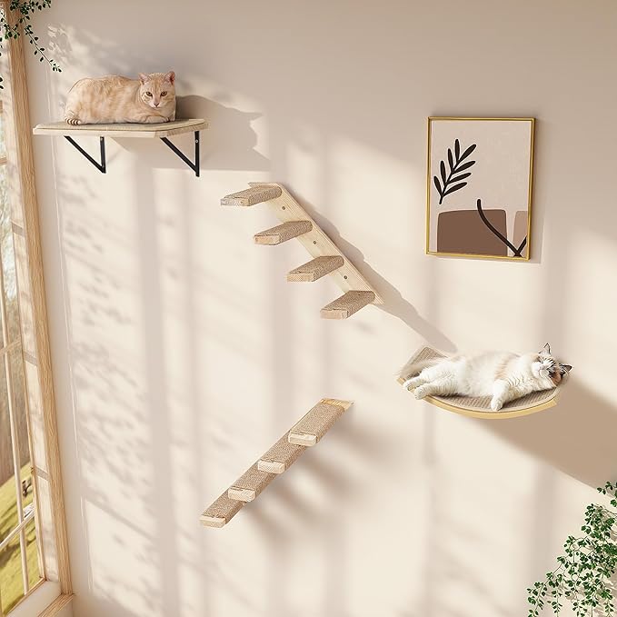Cat Wall Shelves Set with Sisal Cats Stairs, 4 Piece Wooden Climbing Furniture with Scratchable Curved Bed, Flat Shelf & 2 Cat Wall 4-Steps Ladders