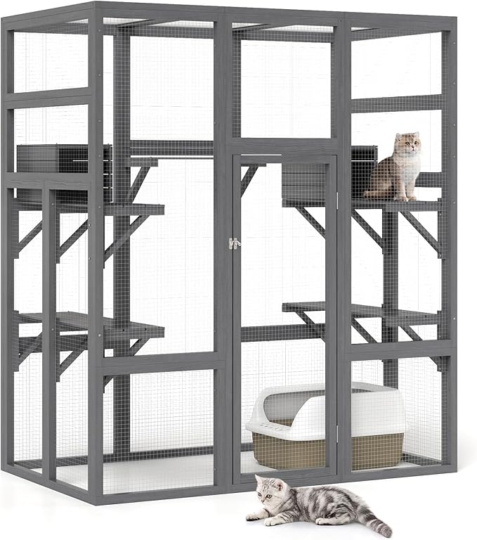71Inches Large Wood Catio Outdoor Cat Enclosure with Perches and Condos, Cat House Indoor with Waterproof Roof, Cat Shelter 5 Platforms & 2 Resting Box, UV Resistant (Grey)