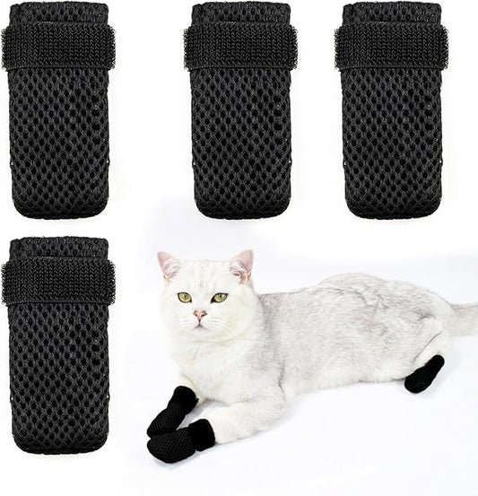 4 PCS Cat Boots, Cat Mittens to Prevent Scratching, Breathable Mesh Cat Foot Covers, Adjustable Cat Claw Protectors or Cats When Bathing and Nail Trimming