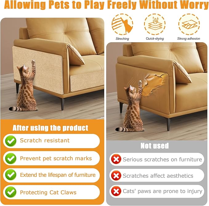 cat Scratching mat Self-Adhesive, Trimmable Furniture Protector for Couch, Sofa, Wall & Cat Trees - Durable Scratch Pad with Nano Tape, DIY Climbing Carpet for Indoor Cats(Khaki, 39.3"x15.8")