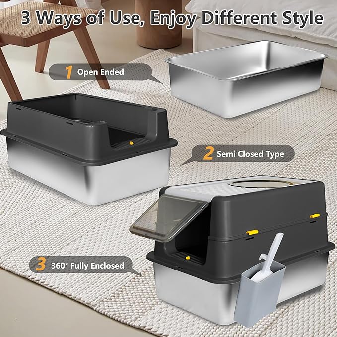 Stainless Steel Litter Box with Lid, XL Extra Large Metal Cat Litter Boxes for Big Cats Enclosed, Easy to Scoop with Litter Scoop Set, High Sides Enclosure Anti-Urine Leakage Non-Sticky, Black