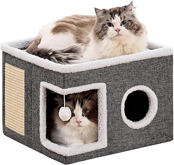 Cat Beds for Indoor Cats, Large Cat Cave with Fluffy Ball and Scratch Pad, Foldable Cat Scratch House with Hideaway Condo for Kitten,16x16x13inch,Grey