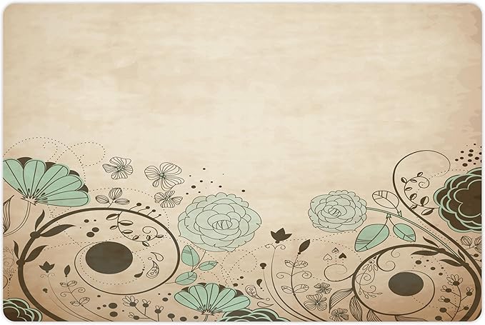 Lunarable Abstract Pet Mat for Food and Water, Old Dated Vintage Retro Antique Image with Floral Swirls Art Print, Non-Slip Rubber Mat for Dogs and Cats, 18" X 12", Brown Turquoise