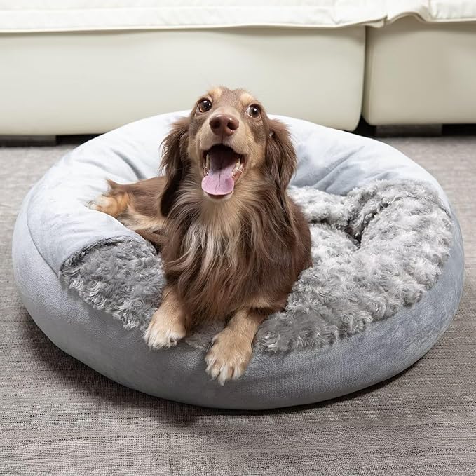 Cave Dog Bed with Blanket Donut Round Plush Cozy Cat Pet Bed for Puppy Machine Washable Removable Cover Anti-Slip Bottom Gray 26X26X8 inch