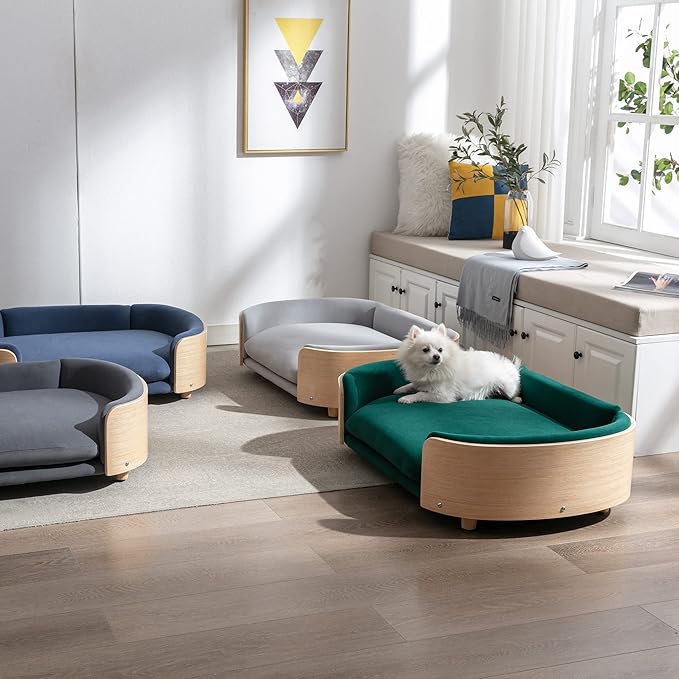 HomSof 38.58" Scandinavian Style Elevated Dog Cat Bed Pet Sofa with Solid Wood Legs and Bent Wood Back with Velvet Cushion,Large Sizeļ¼Dark Grey