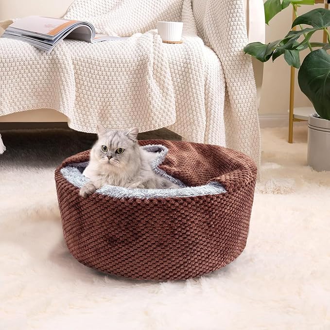 Winsterch Large Cat Cave Bed - Soft, Enclosed & Washable for Indoor/Outdoor Cats & Kittens, Anti-Slip Bottom, Calming, Covered (Coffee, 17.8 x 17.8 x 7.84 in)