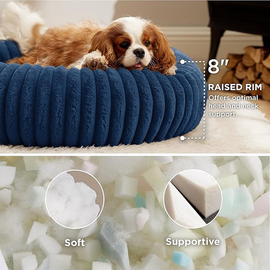 Bedsure Donut Medium Dog Bed - Washable Faux Fur with Corduroy Fleece & Anti Slip Bottom, Round Pet Beds with Removable Cover, Night Blue, 30x30x8 inches